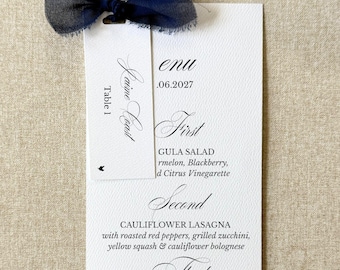 black and white formal wedding menus personalized with name cards and ribbon | set of 10