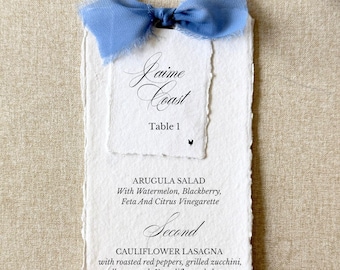 personalised printed simple wedding menu with dusty blue ribbon and name card | set of 10