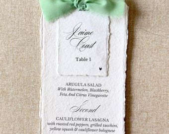 deckled edge green wedding menu and place card tied with sage green ribbon bow | set of 10