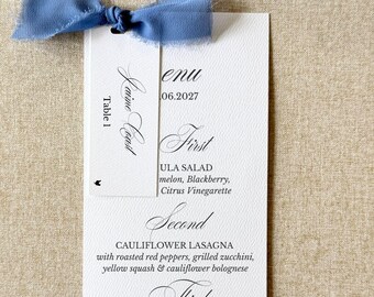 dusty blue menus with ribbon and names, printed for weddings, baby showers, engagement parties, bridal showers | set of 10