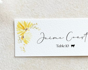 floral place cards printed, rustic wedding decor, sunflower name tags with first and last name, fall wedding table place cards