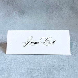 tented place cards printed, folded name cards wedding, calligraphy cards for table, simple place card setting, elegant place cards tented