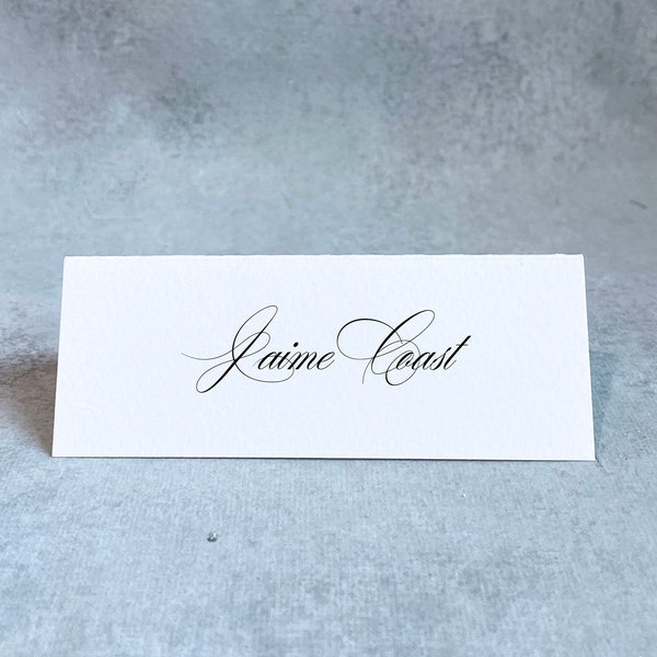 tented place cards printed, folded name cards wedding, calligraphy cards for table, simple place card setting, elegant place cards tented