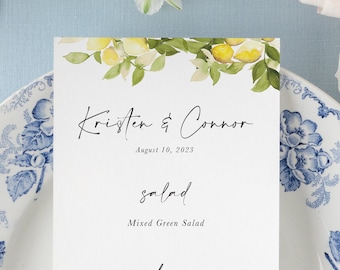 amalfi coast brunch menus, bridal shower menu cards printed, watercolor menu, lemon menu for bridal shower, custom wedding menu printed