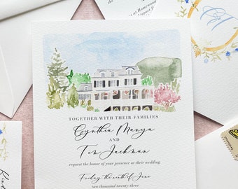 Custom watercolor wedding invitation suite, watercolor crest wedding invitation venue illustration, colorful wedding invitation with rsvp