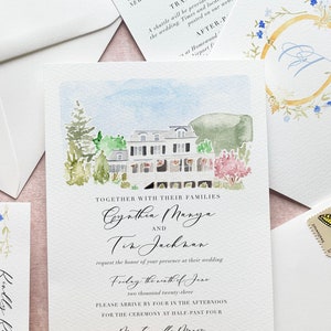 Custom watercolor wedding invitation suite, watercolor crest wedding invitation venue illustration, colorful wedding invitation with rsvp