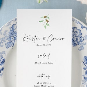 dinner menu card birthday dinner, printed menu card olive branch, dinner party menu, minimalist party decor, italian wedding menu italy