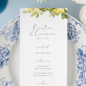 bridal shower menu cards printed, lemon menu for bridal shower, wedding menu paper, custom menu lemons, amalfi coast brunch menus