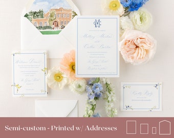 semi custom watercolor wedding invitation suite, watercolor crest wedding invitation venue illustration, watercolor monogram, with RSVP