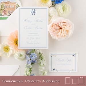 semi custom wedding invite with rsvp card print and ship, illustrated wedding invitations watercolor venue, wedding invitation dusty blue