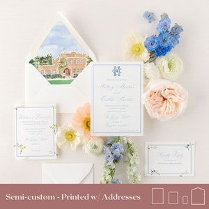 semi custom watercolor wedding invitation suite, watercolor crest wedding invitation venue illustration, watercolor monogram, with RSVP