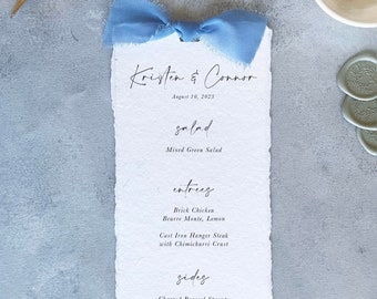 Printed Wedding, Bridal, and Baby Shower Menu Card: Dusty Blue Handmade Paper with Bow