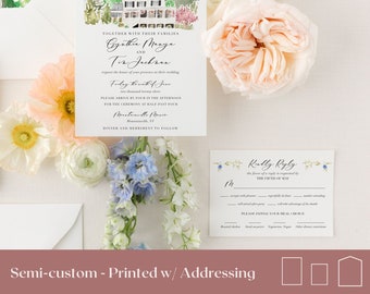 semi custom watercolor invite with rsvp, illustrated invitations watercolor, wedding invite with envelope, printed invitations wedding