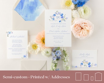 semi custom dusty blue wedding invitations and rsvp, blue floral wedding invitation suite, light blue invitation, winter wedding invitation