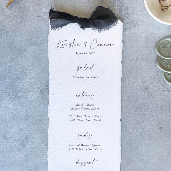 handmade paper menu with bow, wedding menus handmade paper, deckled edge menu card print, bow menu with ribbon, custom wedding menu dinner