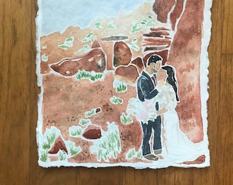May include: Watercolor painting of a couple in a desert landscape. The couple is standing close together, and the man is holding a bouquet of flowers. The background is a rocky desert scene with a blue sky.