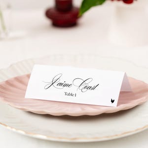 tented place cards printed, folded name cards wedding, calligraphy cards for table, simple place card setting, elegant place cards tented