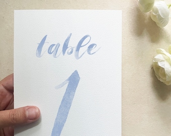 hand painted table numbers printed, watercolor wedding table numbers dusty blue, whimsical table numbers, light blue table number cards