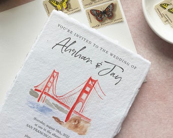San Francisco Wedding Invitation Handmade Paper, San Francisco Save The Dates, Golden Gate Bridge Invitation Printed, Watercolor Wedding