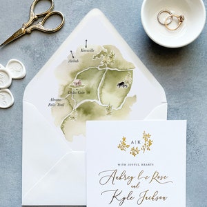 watercolor wedding invitation with envelope liner, custom map for wedding, watercolor envelope liner map, custom lined envelopes 5x7