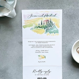 all in one wedding invitation watercolor custom, tri fold wedding, watercolor wedding suite, illustrated wedding invitations destination