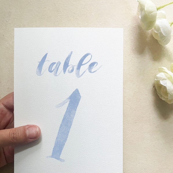 hand painted table numbers printed, watercolor wedding table numbers dusty blue, whimsical table numbers, light blue table number cards