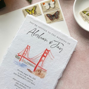 San Francisco Wedding Invitation Handmade Paper, San Francisco Save The Dates, Golden Gate Bridge Invitation Printed, Watercolor Wedding