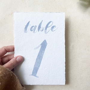 handmade paper table numbers watercolor, deckled edge table number printed, hand torn table numbers bridal, rustic table decor wedding HAN