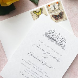 custom wedding venue sketch wedding invitation, elegant wedding invitation suite printed, hand drawn wedding venue illustration