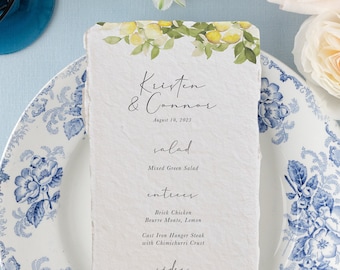 custom watercolor menu cards printed, lemon menu cards for bridal shower, deckled edge menu handmade paper, hand drawn menu painted