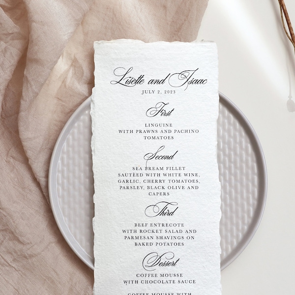 deckled edge wedding menu cards printed, wedding menus romantic, live edge menu boho, custom menu print, raw edge wedding menu modern