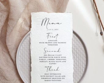 deckled edge menu cards, handmade paper menu printed, rustic wedding menu, custom calligraphy menu printed, handwritten menu cards printed