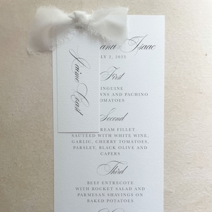 personalized menu with names, printed menu cards and name cards, slim menu and place card wedding table decor, calligraphy menu placecard