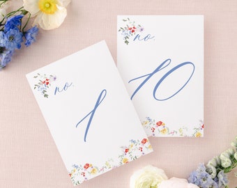 floral table numbers wedding, watercolor table number light blue, flower table number cards, dusty blue table numbers printed, wedding decor