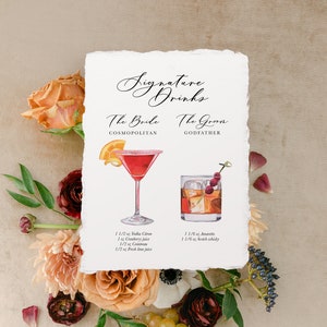signature cocktail cosmopolitan, handmade paper drink menu, deckled edge signature drink sign bride and groom, torn edge rustic bar sign