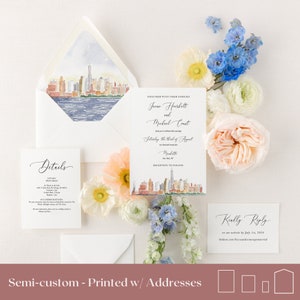semi custom nyc invite with rsvp, new york wedding invitation printed, destination wedding invitation watercolor, city wedding invitation
