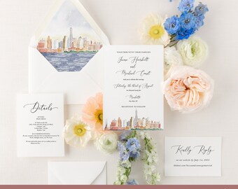 semi custom nyc invite with rsvp, new york wedding invitation printed, destination wedding invitation watercolor, city wedding invitation