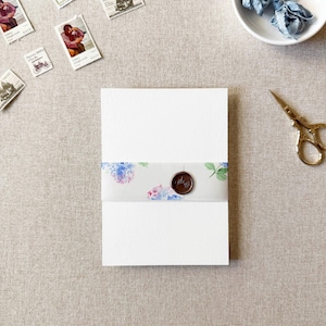vellum wrap blue floral belly band for invitation suite, wedding invite vellum paper hydrangeas, vellum invitation band, belly band cards