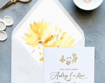 floral envelope liner A7, sunflower envelope liner 5x7, sunflower wedding invitations yellow, DIY wedding invitation accessories watercolor