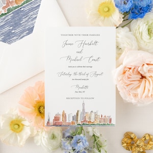 new york city wedding invite hand drawn, watercolor wedding invitation suite modern, printed wedding invitations with rsvp card city wedding