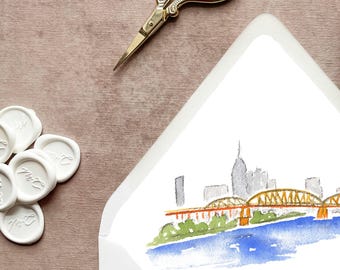 Nashville Tennessee Wedding Invitation 5x7" City Skyline Watercolor Euroflap Lined Envelopes | Set of 10