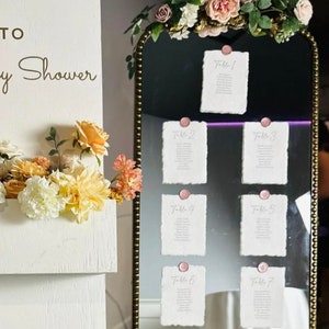 deckled edge seating chart wedding, handmade paper table numbers with names, mirror seating chart cards printed, table seating cards