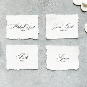 handmade paper place card with table numbers, calligraphy placecards (digitally printed), deckled edge place cards, name cards for table