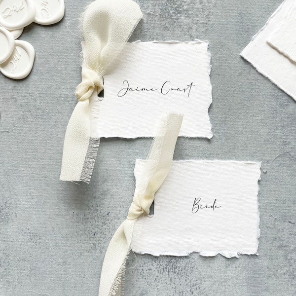 simple place cards with ivory ribbon, calligraphy placecards (digitally printed), minimalist place card customized, elegant place cards