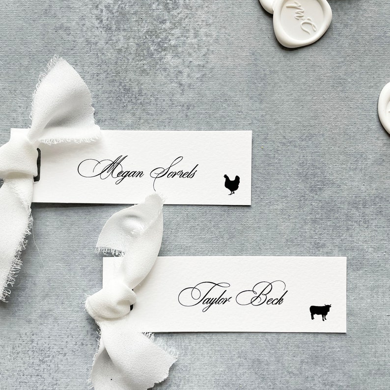 minimalist wedding placecards with meal choice, simple place setting name cards with meal icon, paper place cards calligraphy, with ribbon image 2