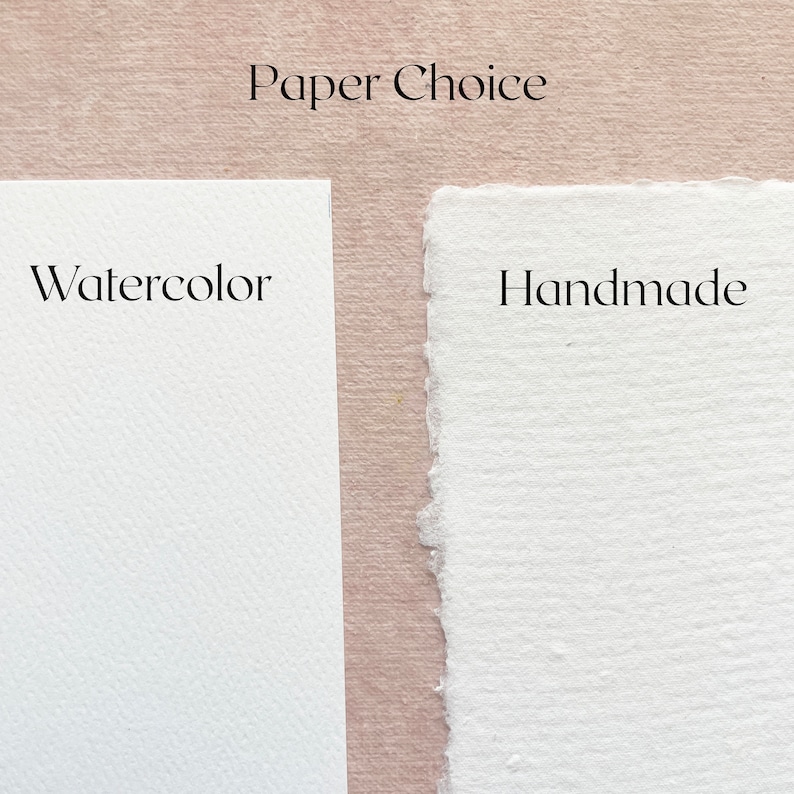 May include: Two white paper samples, one labeled "Watercolor" and the other labeled "Handmade". The paper samples are displayed side-by-side on a light brown textured background.