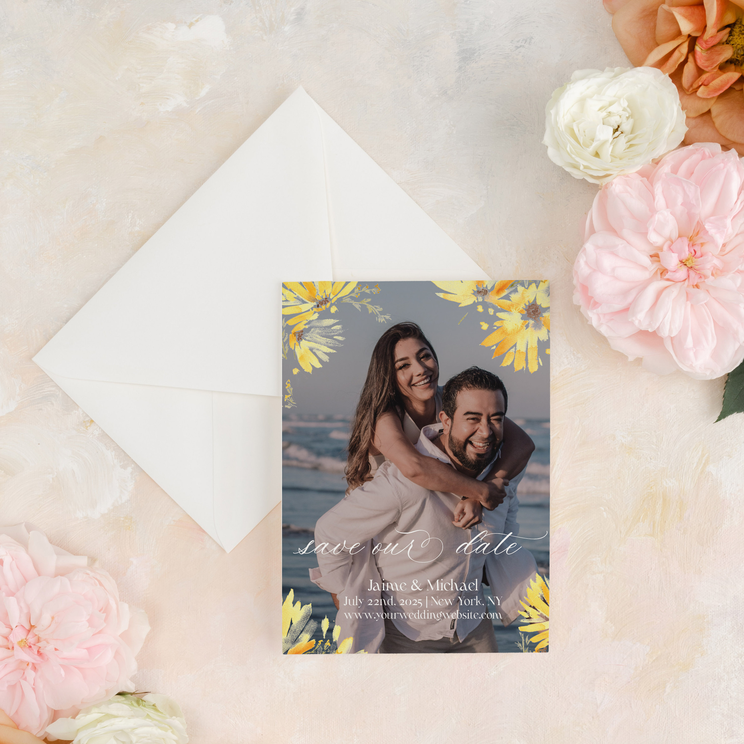 Sunflower Photo Save the Date: Rustic Watercolor Wedding