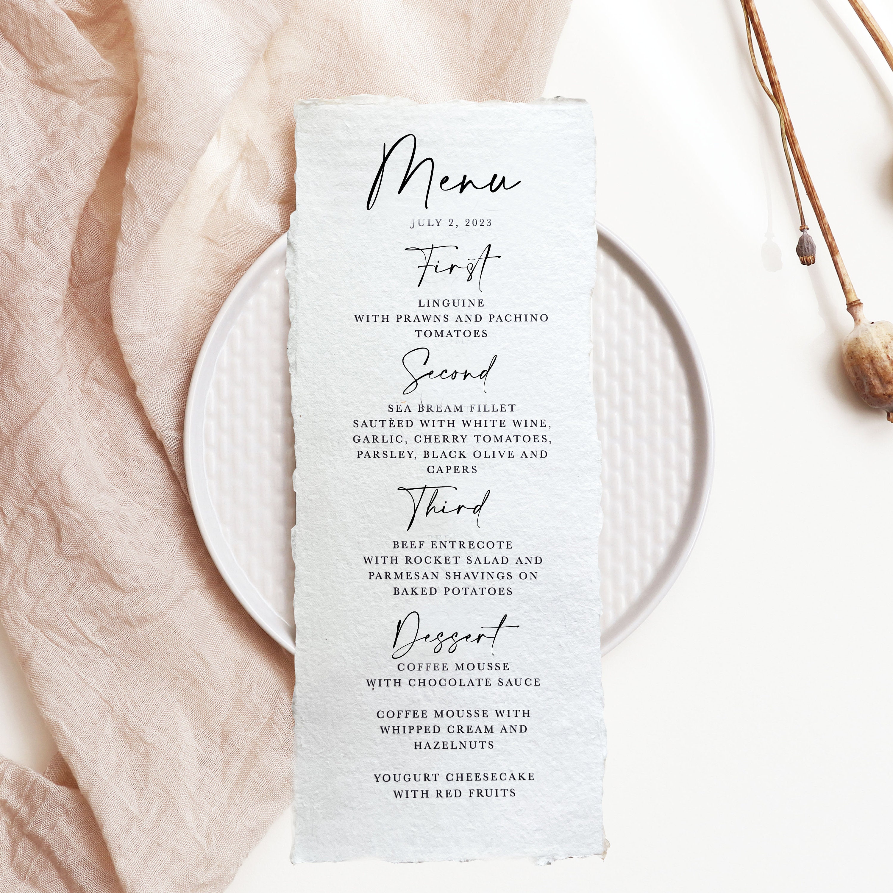 Minimalist Wedding Menu Cards, Script Wedding Dinner Menu Template ...