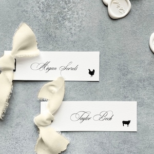 minimalist wedding placecards with meal choice, simple place setting name cards with meal icon, paper place cards calligraphy, with ribbon