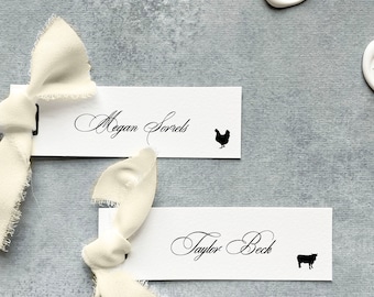 minimalist wedding placecards with meal choice, simple place setting name cards with meal icon, paper place cards calligraphy, with ribbon